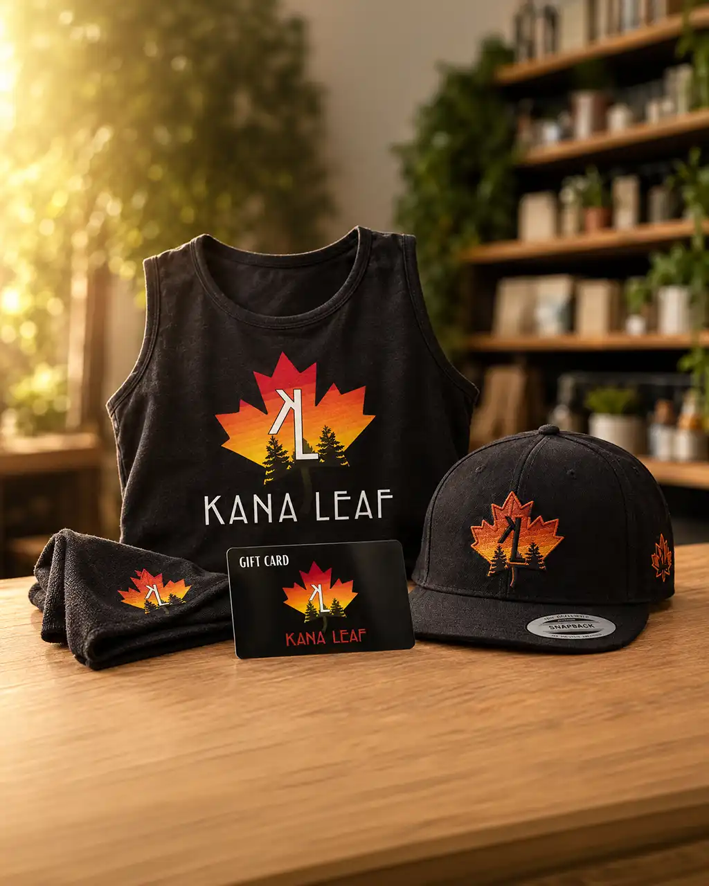 Kana Leaf merch — tank top, gift card, and cap on a wooden counter