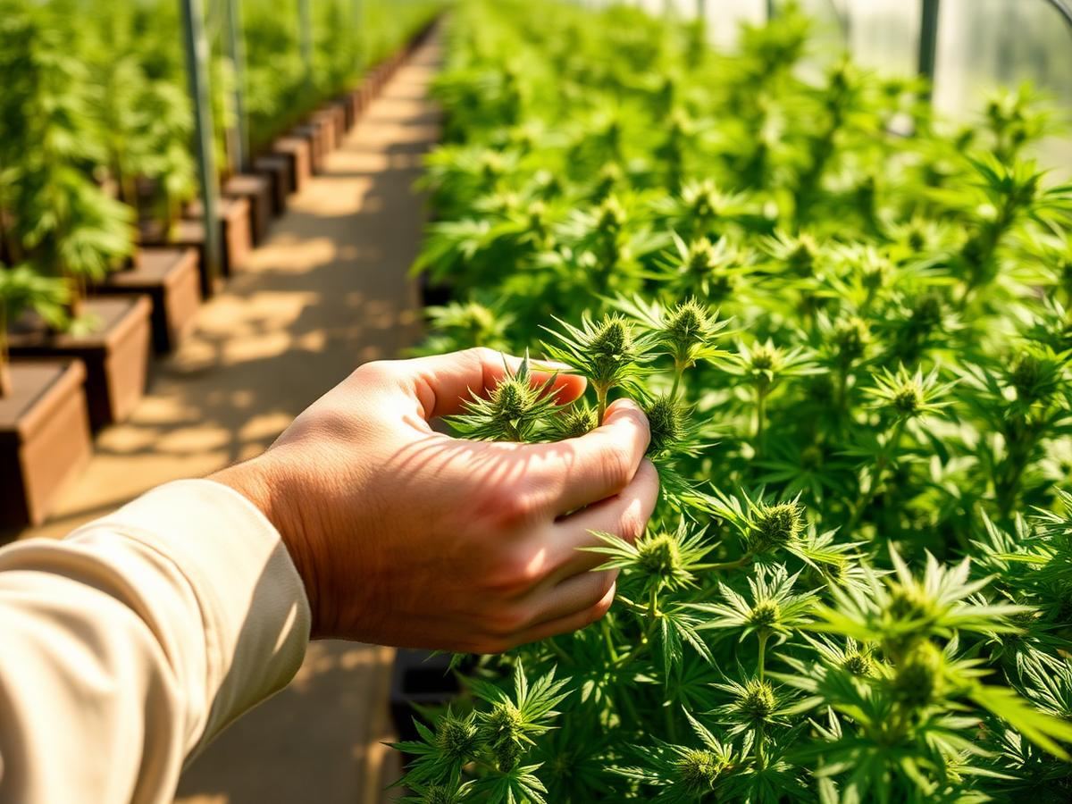 A grower inspecting cannabis plants in a sunlit greenhouse